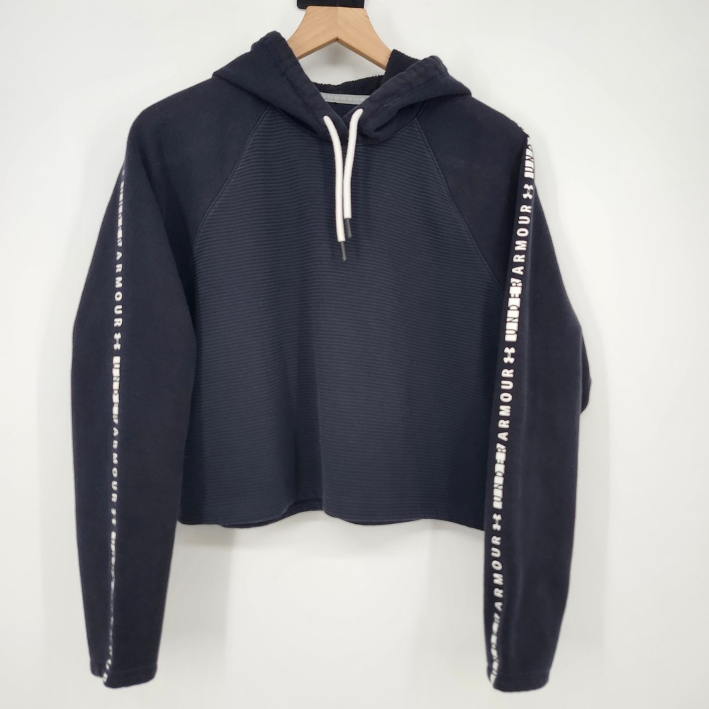 Under Armour Threadborne Cropped Hoodie Sweatshirt Small Black Logo Loose